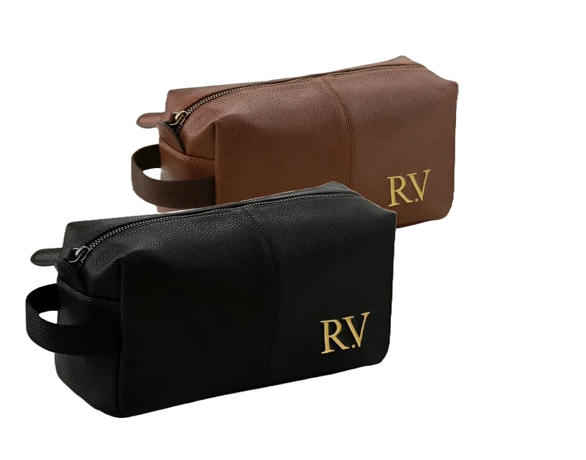 Personalised Embroidered Mens Leather Wash Bag with Strap, Black or Brown, Leather Toiletry Bag Embroidered with Initials