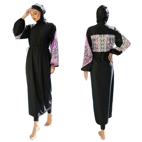 Muslim Swimsuits for Women: Modest Swimwear Islamic Long Sleeve Burkini Swimsuit Full Cover Hijab Swimming Cap Muslim Dress Tops Pants Rash Guard 3 Piece Swim Set Bathing Suits Black + Lilace Small