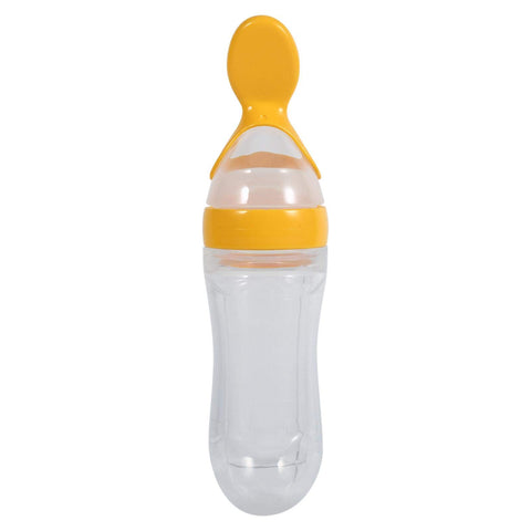 1pcs 90mL Silicone Baby Food Dispensing Spoon Infant Squeeze Feeder Bottle with Spoon and Hygienic Cover,Baby Feeder Bottle Baby Cereal Feeder(Yellow)