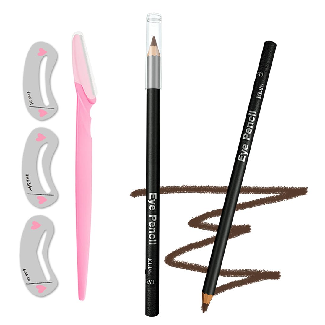 Generic Eyebrow Pencil Set, Waterproof, Easy to Color, Smudge Proof Long Lasting Makeup Eye Brow Pencil; [5-in-1]Eyebrow Pencil *1; Eyebrow Stencil *3; Eyebrow Razor *1, Brown #-0226033