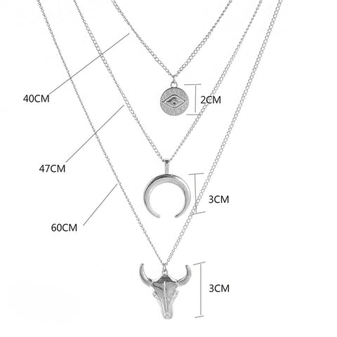 Yheakne Boho Layered Moon Necklace Silver Compass Disc Pendant Necklace Chain Cow Evil Eye Charm Necklace Jewelry for Women and Girls
