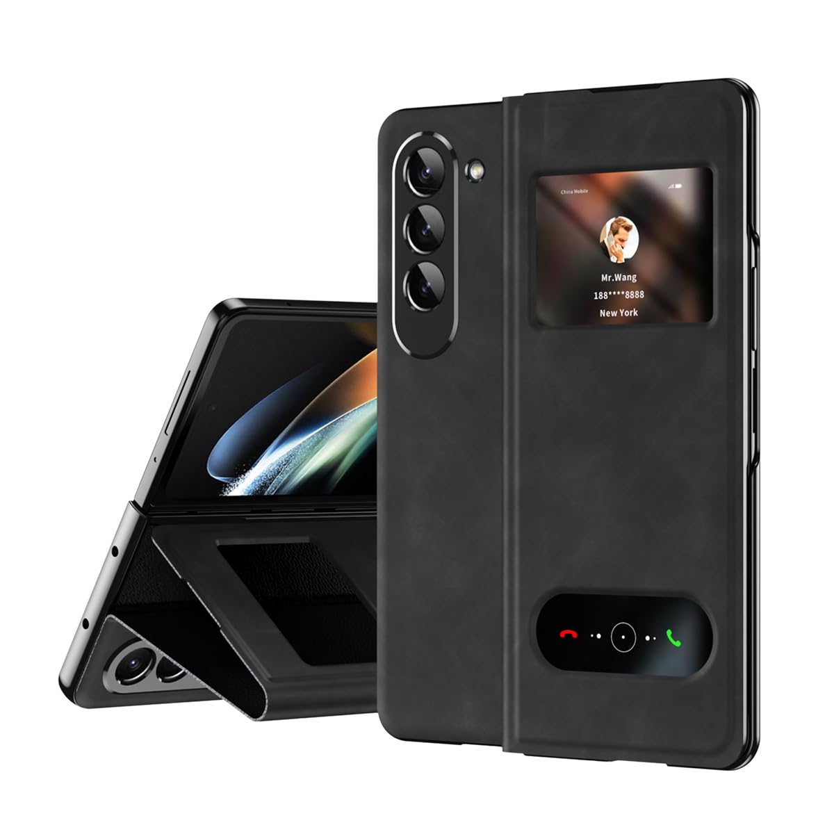 XIMAND for Samsung Galaxy Z Fold 6 Maghetic Flip Folding Case, Open Window Design, High Luxurious Business Napa Leather Hidden Kickstand Full Body Hinge Protective Slim Cover - Black
