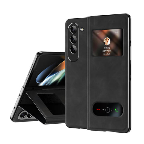 XIMAND for Samsung Galaxy Z Fold 6 Maghetic Flip Folding Case, Open Window Design, High Luxurious Business Napa Leather Hidden Kickstand Full Body Hinge Protective Slim Cover - Black