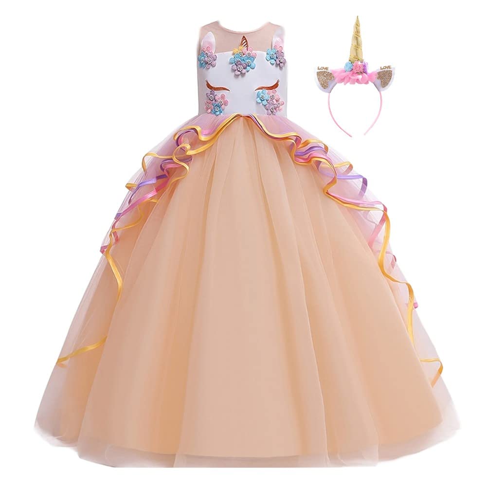 HIHCBF Girls Unicorn Costume Pageant Princess Party Dress Wedding Birthday Halloween Carnival Long Maxi Gown w/Headband Champagne 8-9T