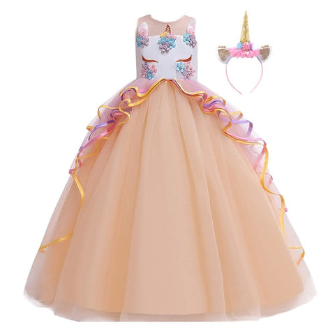 HIHCBF Girls Unicorn Costume Pageant Princess Party Dress Wedding Birthday Halloween Carnival Long Maxi Gown w/Headband Champagne 8-9T