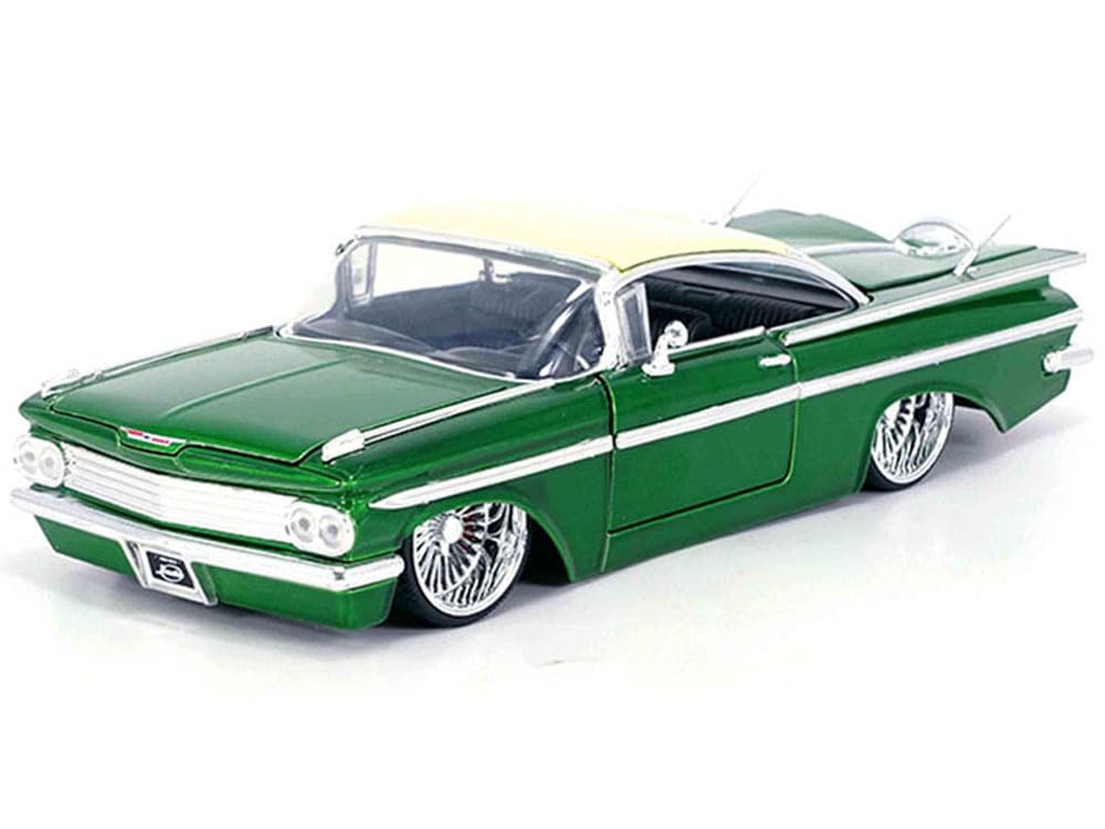 1959 Chevy Impala Lowrider Green Metallic with Cream Top and DUB Wire Wheels Street Low Series 1/24 Diecast Model Car by Jada 34759