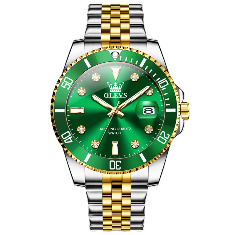 OLEVS Watches for Men Two Tone Stainless Steel Band Men's Wrist Watch Green Face Unidirectional Rotating Bezel Mens Watch Luxury Diamond Waterproof with Date Analog Quartz Watches Men