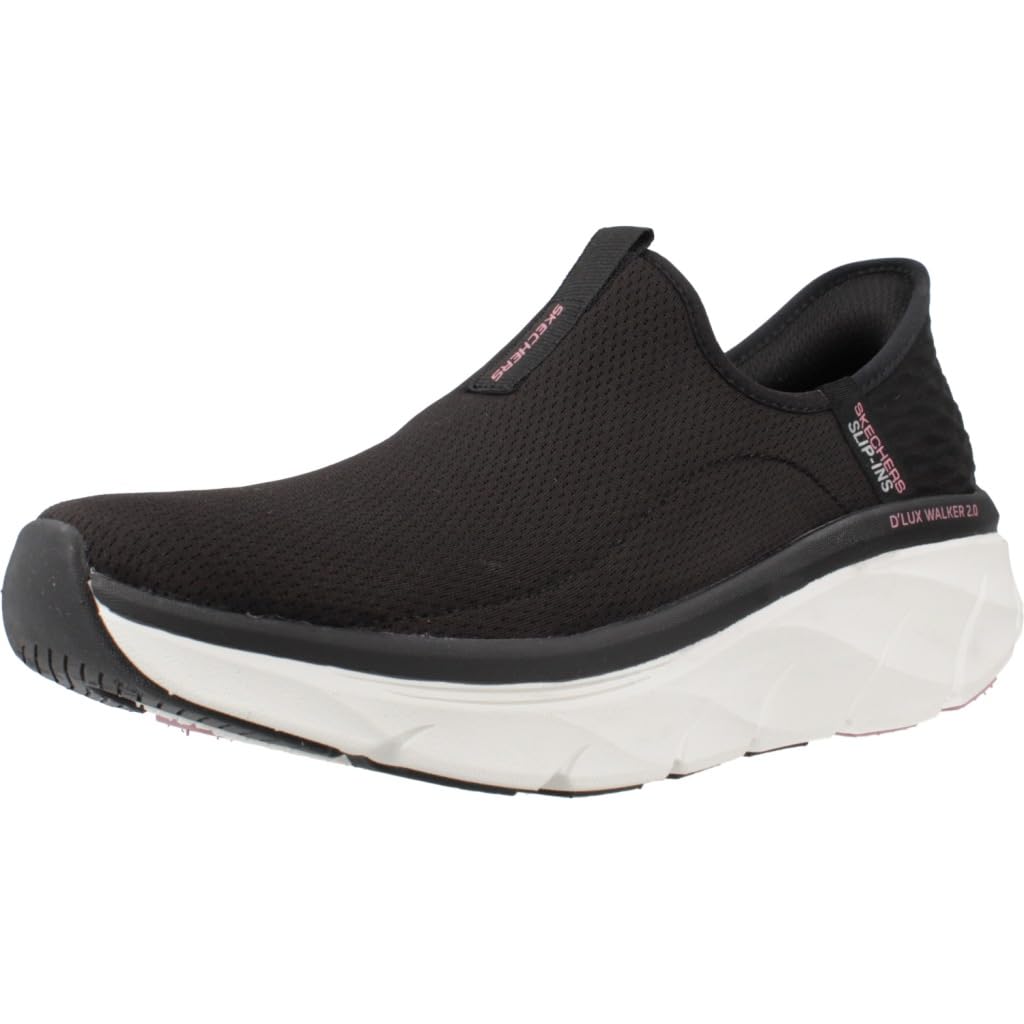 Skechers Women's D'LUX Walker 2.0 Happy Step, Black Mesh Pink Trim, 8.5