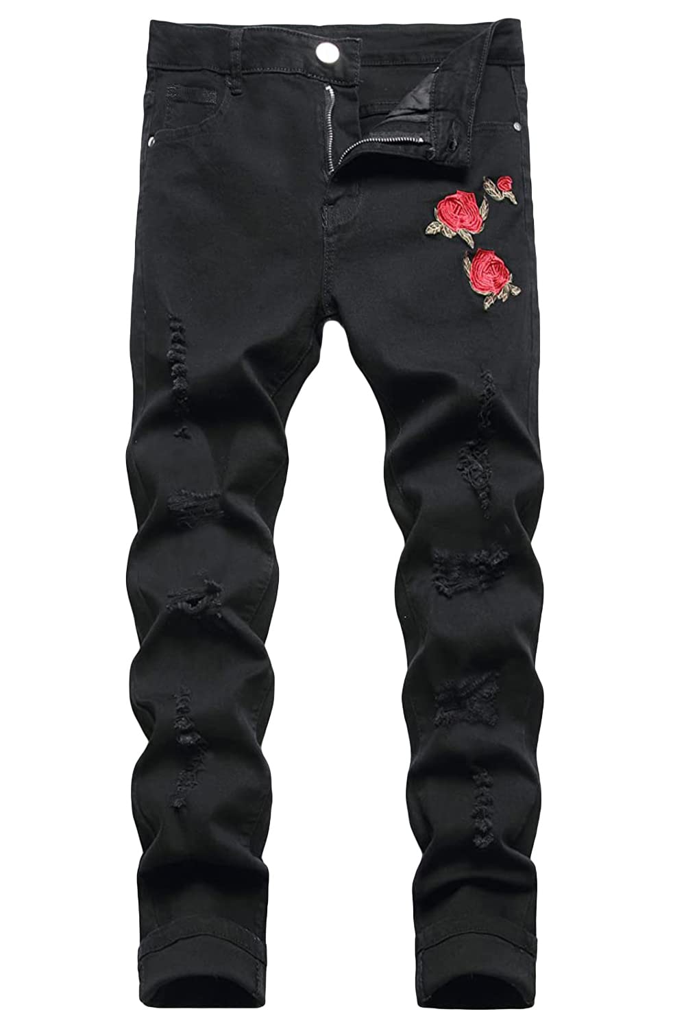 Baylvn Men's Red Rose Embroidered Skinny Ripped Straight Slim Fit Stretch Denim Jeans,1855 Black,Size 30