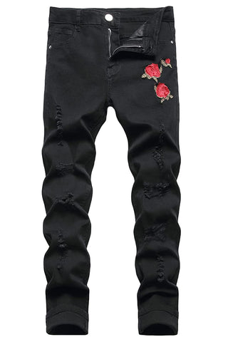 Baylvn Men's Red Rose Embroidered Skinny Ripped Straight Slim Fit Stretch Denim Jeans,1855 Black,Size 30