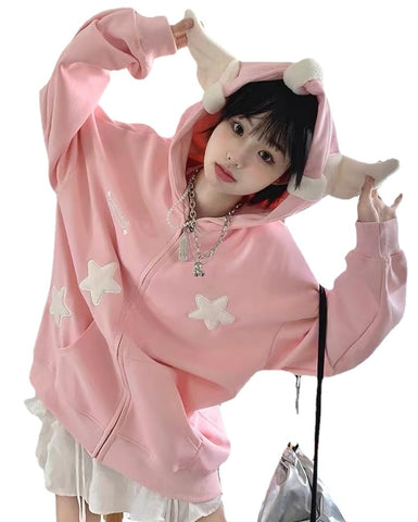 grhaat Kawaii Angel Wings Star Hoodie Y2k Japanese Anime Zipper Harajuku Casual Sweatshirt Cutecore Designer Streetwear (Medium,pink)