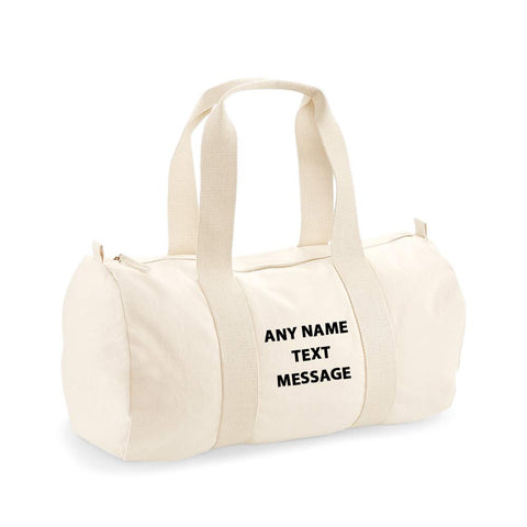 Getagift Personalised With Any Name Text Message Unisex Barrel Bag Holdall Zip Sports Bag Duffle Bag Weekend Travel Bag Gym Bag Training Handbag Fathers day Yoga Bag for Men and Women. (Natural)