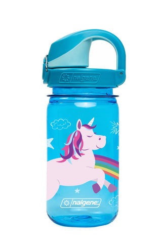 Nalgene Sustain Tritan BPA-Free Kids On The Fly Water Bottle Made with Material Derived from 50% Plastic Waste, Leak Proof, Durable, BPA Free, Carabiner Friendly, Reusable, 12 oz, Blue Unicorn