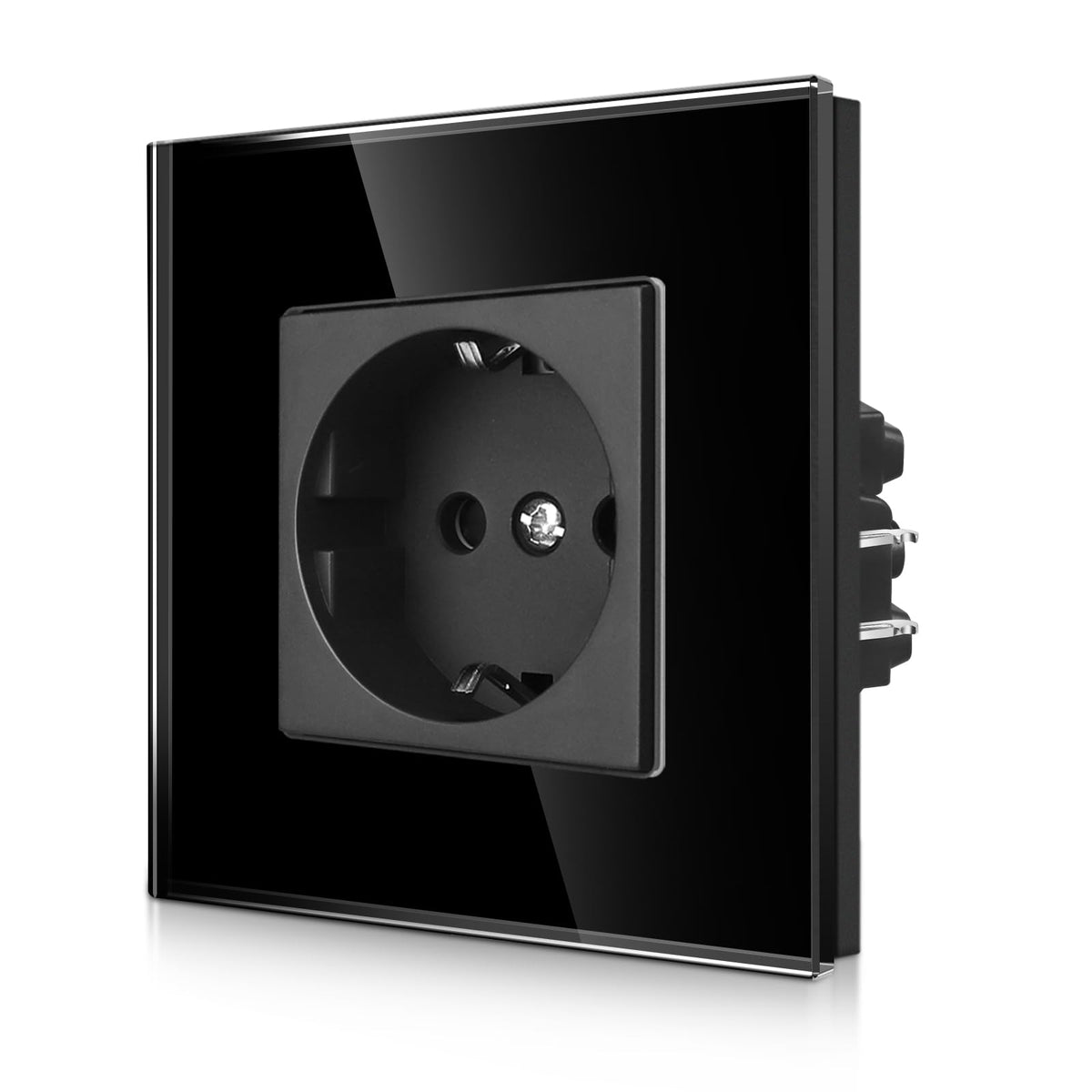 CNBINGO Single Socket Flush-Mounted with Claws - Simple Schuko Socket with Child Lock - 16 Amp Protective Contact Wall Socket with Glass Frame - Black