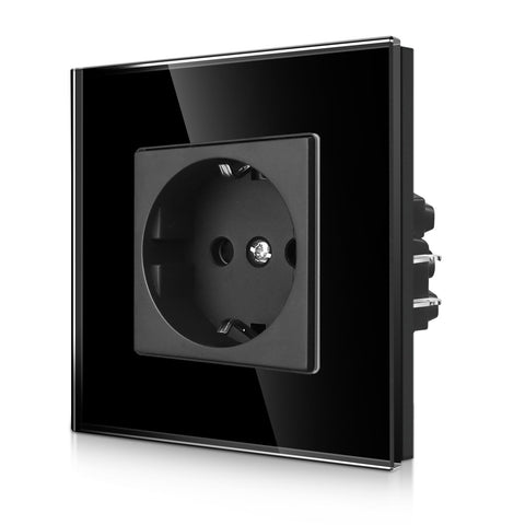 CNBINGO Single Socket Flush-Mounted with Claws - Simple Schuko Socket with Child Lock - 16 Amp Protective Contact Wall Socket with Glass Frame - Black