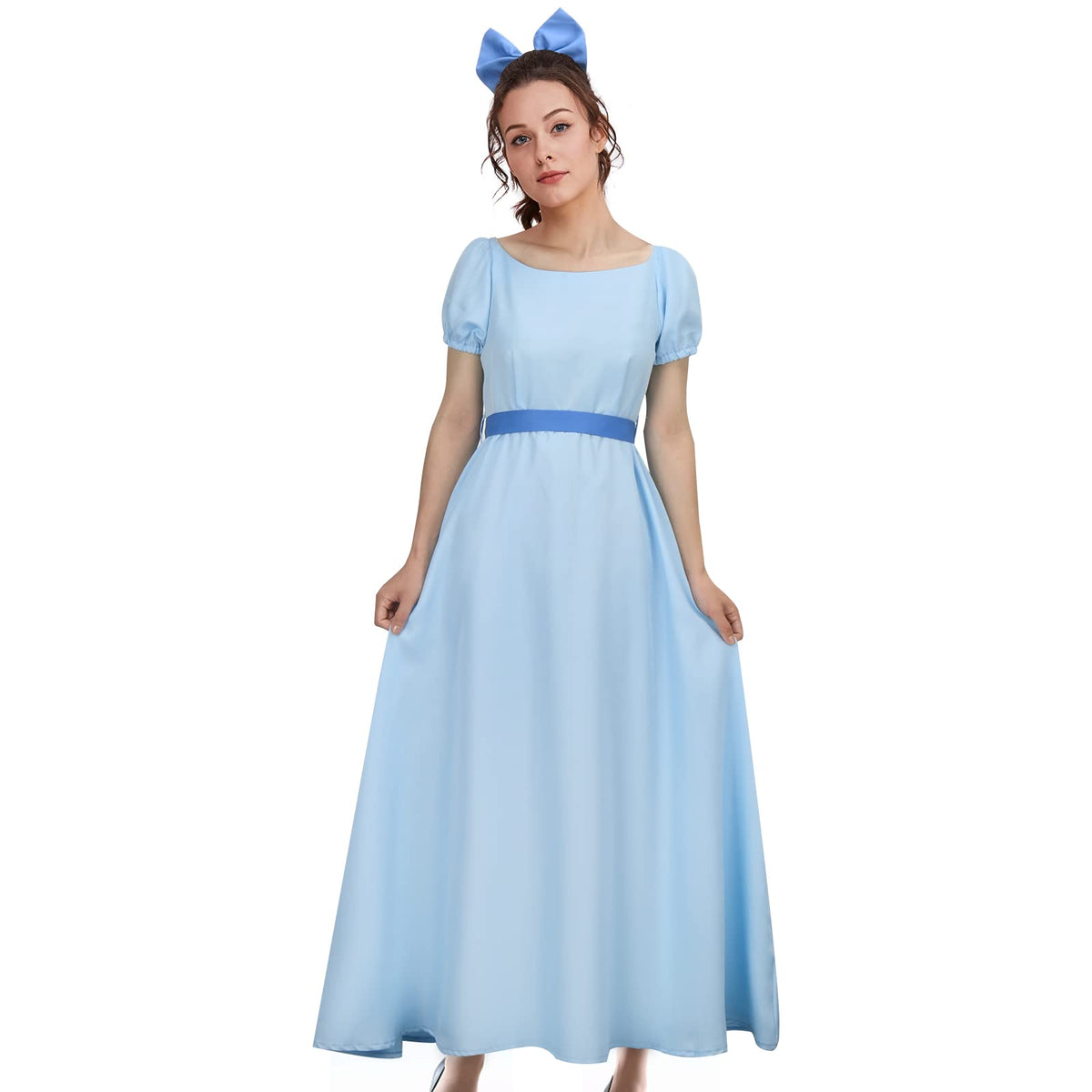 LIKUNGOU Womens Wendy Costume Dress Blue Maxi Princess Cosplay Outfit Bow Belt Halloween Accessories (XL)