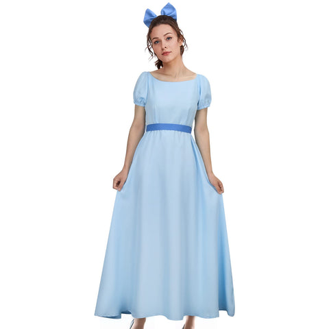 LIKUNGOU Womens Wendy Costume Dress Blue Maxi Princess Cosplay Outfit Bow Belt Halloween Accessories (XL)