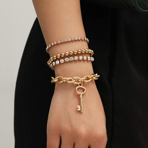 fxmimior Dainty Boho Gold Key Chain Bracelets Set for Women Adjustable Fashion Beaded Rhinestones Chunky Flat Cable Chain Bracelets Jewelry for Women Girls Gift Set of 4 (Gold)