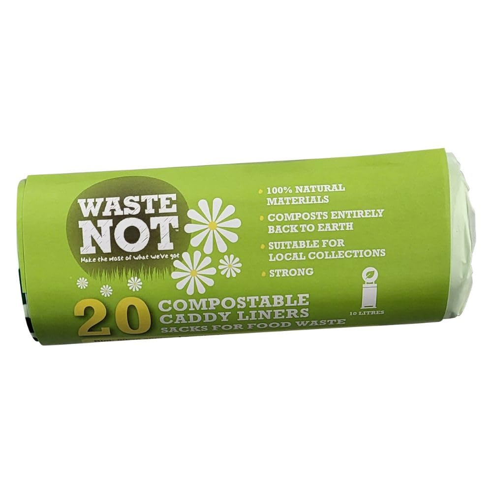 Waste Not Compostable Caddy Liner, 100% Natural Material, 100% Biodegradable Bin Bags, 10L Capacity, Roll of 20