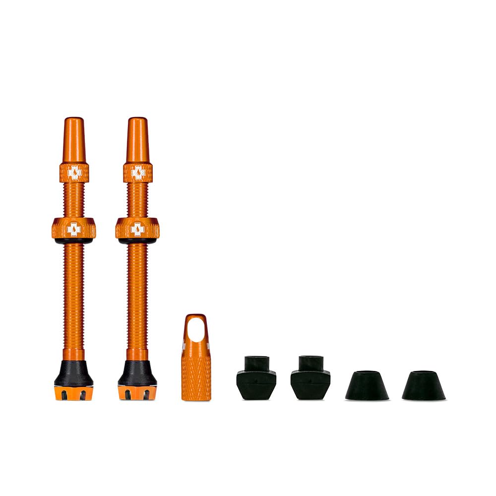 Muc-Off Tubeless Valves, Orange 44mm - Dust Caps for Bikes with Valve Core Removal Tool - Presta Valve Caps for MTB/Road/Gravel Bikes with Tubeless Tyres