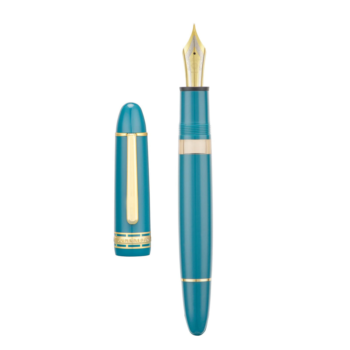 Yongsheng Junlai 630 Acrylic Fountain Pen, Size 8 Medium Nib with Piston Filling System, Indigo Blue Classic Design Smooth Writing Pen (Gold Trim)