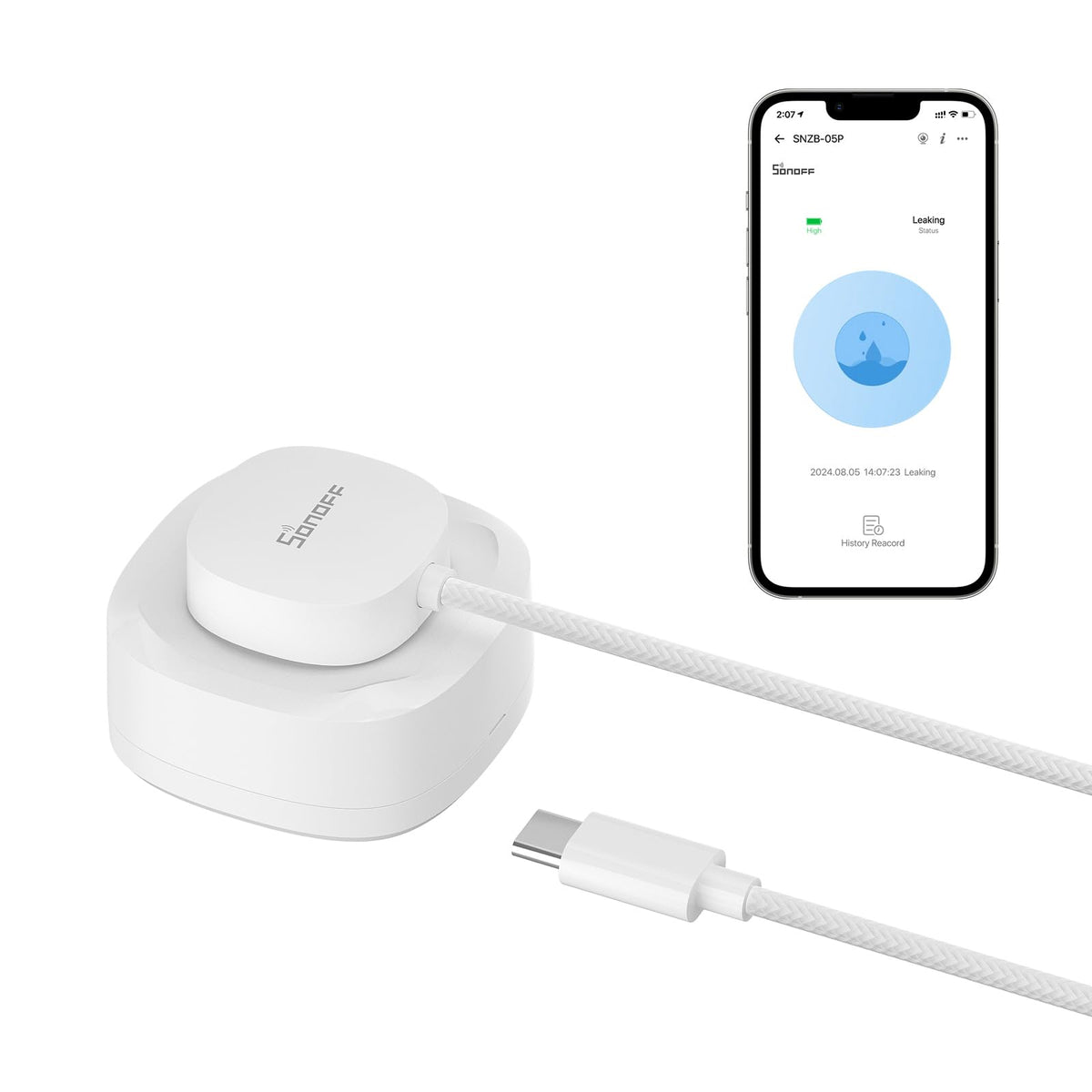 SONOFF SNZB-05P Zigbee Water Leak Sensor with Detection Cable, Wireless Water Leak Detector for Alarm System and Smart Home Automation, Water Sensor Alarm for Kitchen Bathroom Basement