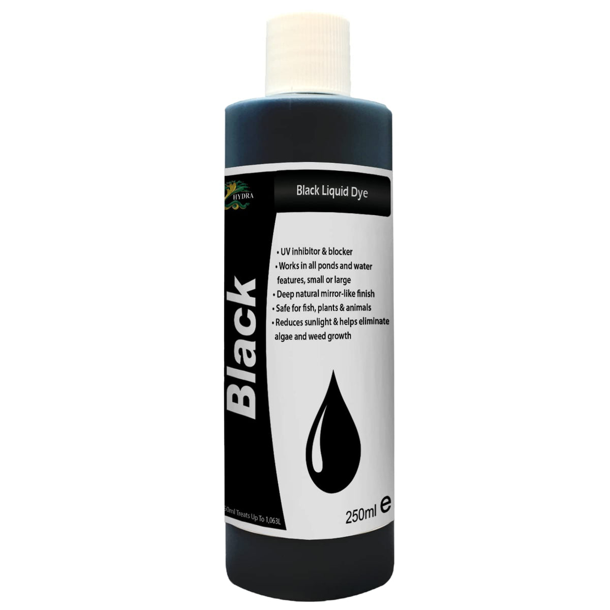 Hydra Liquid Black Dye | 250ml Treats up to 1063L - Concentrated Liquid Dye for Ponds, Water Features & Fountains | Pond Dye Keeps Water Safe for Wildlife