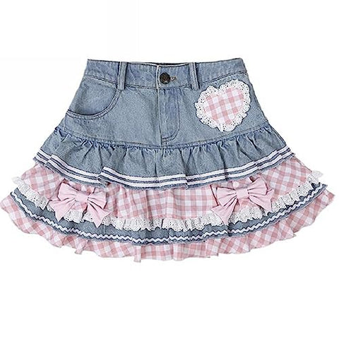 Preppy Lolita Kawaii Skirts Sweet Mini Women Cute Ball Gown Denim Skirt Y2K High Waist Lace Cake Skirts (Blue,S,Small)