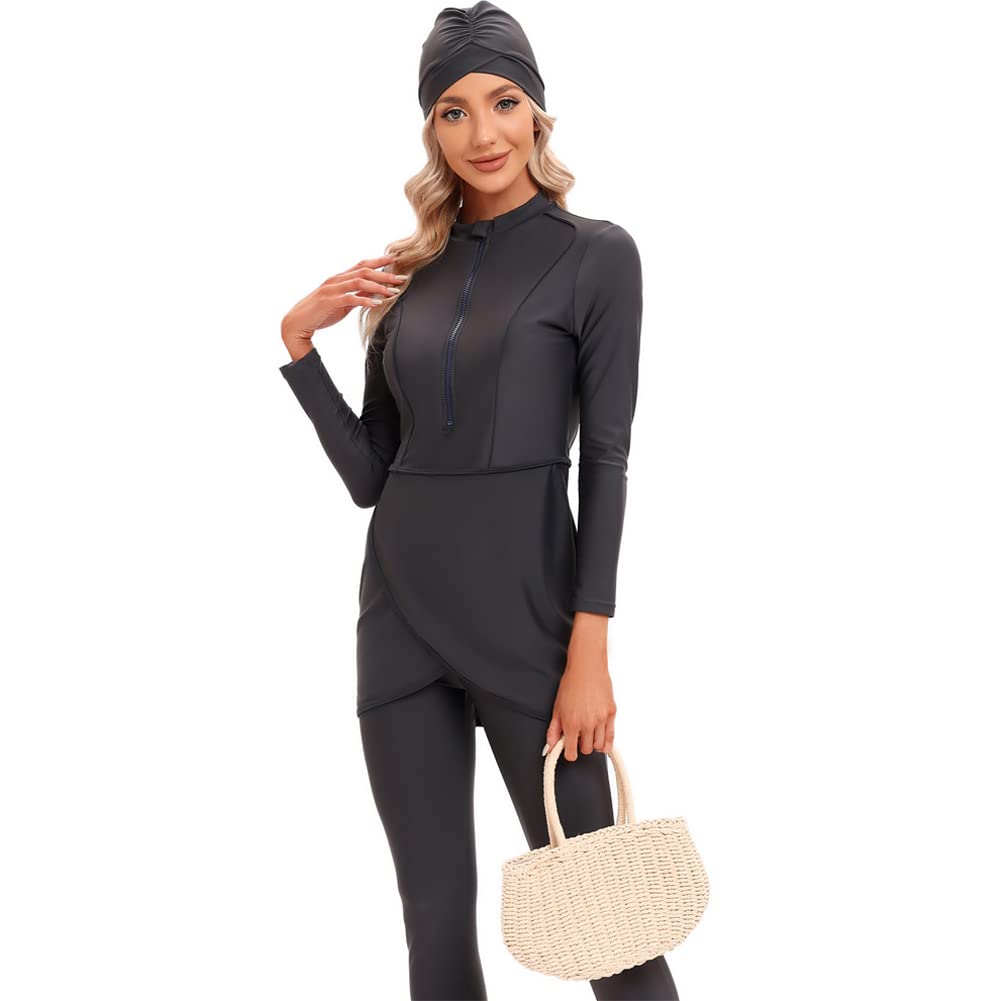 Burkini Swimsuits for Women: Modest Muslim Islamic Swimwear Long Sleeve Rashguard Sets Burkinis Full Cover Hijab Swim Cap Swim Dress Tops Pants 3 Piece Bathing Suits Dark Grey XX-Large
