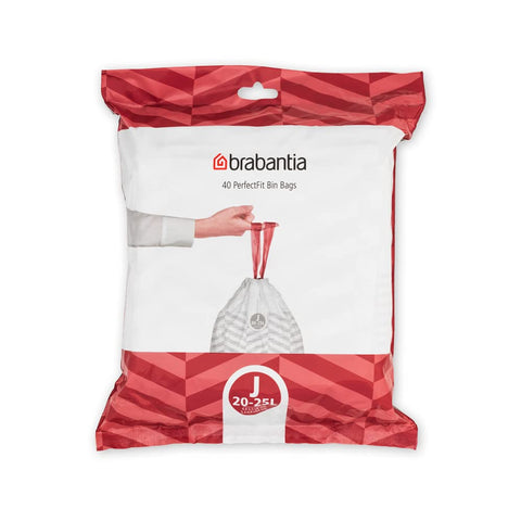 Brabantia PerfectFit Bin Liners Size J (23 Litre), White,115608 Thick Plastic Trash Bags with Tie Tape Drawstring Handles (40 Bag)