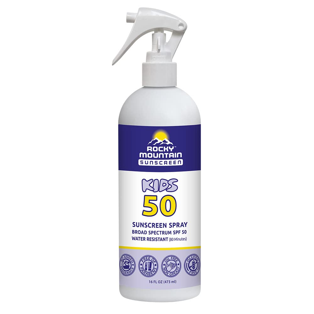 KIDS Rocky Mountain Sunscreen SPF 50 Liquid Spray | Broad Spectrum UVA/UVB Protection | Hawaii 104 Reef Act Compliant (Oxybenzone & Octinoxate Free) | Water Resistant 80 Min. | (16 Fl Oz)