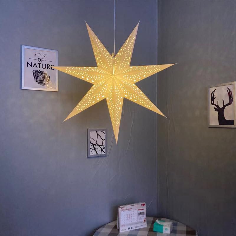 Star Paper Lanterns with Fairy String Light - Light Up Star Paper Lanterns, The Star of Bethlehem for Xmas Hanging Decoration - 27.5 inch, Off White