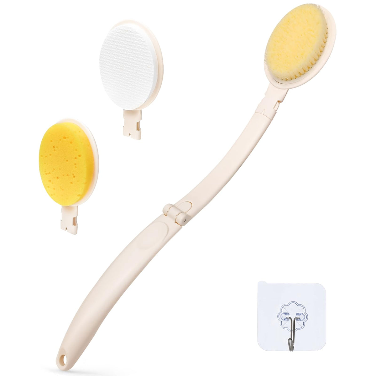 LFJ 3 in 1 Shower Brush Sponge Set for Shower, 19" Long Handle Body Brush, Bath Sponge and Lotion Applicator Gentle Exfoliation and Improved Skin Health, Suitable for Men and Women