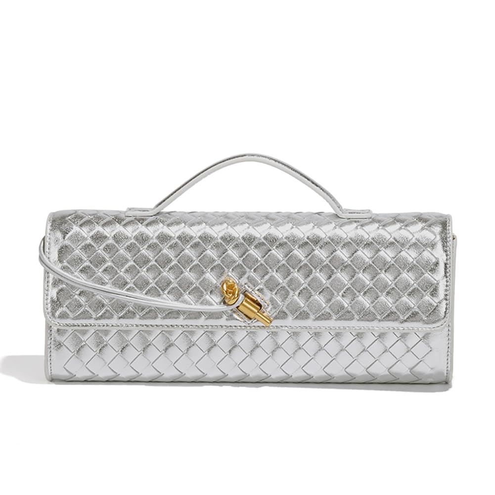 Dreubea Women's Handmade Woven Evening Bag Casual Leather Shoulder Handbag Fashion Crossbody Clutch Purse Silver