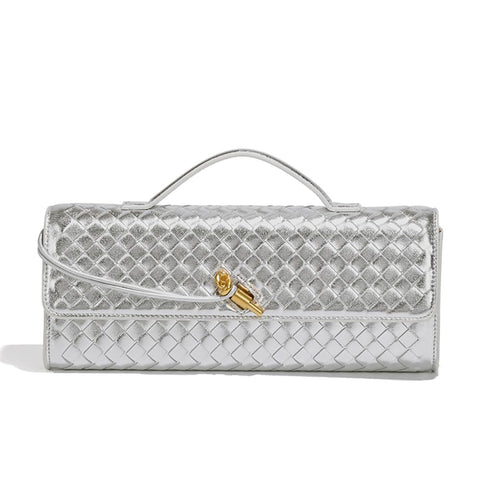 Dreubea Women's Handmade Woven Evening Bag Casual Leather Shoulder Handbag Fashion Crossbody Clutch Purse Silver