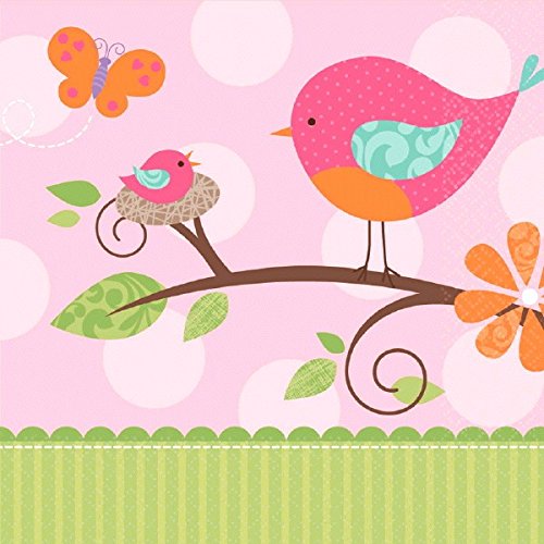 Amscan Tweet Girl Baby Shower Party Luncheon Napkins (16 Piece), 6.5 x 6.5, Bright Pink/Light Pink/Green