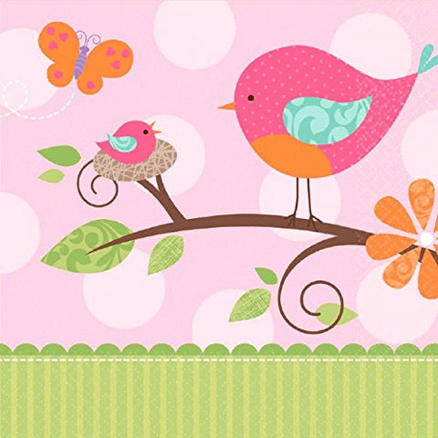Amscan Tweet Girl Baby Shower Party Luncheon Napkins (16 Piece), 6.5 x 6.5, Bright Pink/Light Pink/Green
