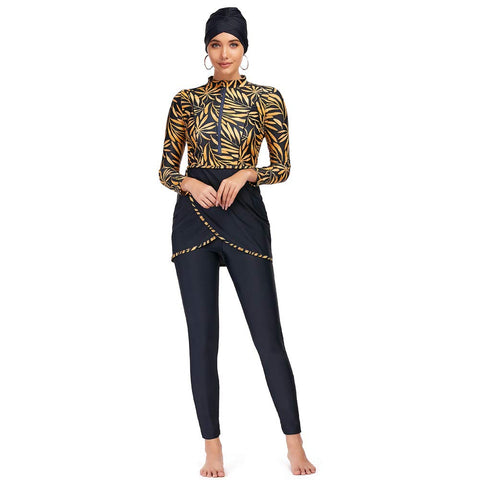 Floral Women's Modest Swimsuit Long Sleeve Bathing Suit Burkini Muslim Swimwear Rash Guard Surfing S-4XL (XX-Large) Black