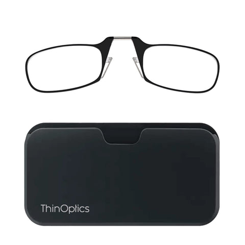 ThinOptics Reading Glasses 1.50 Black Frames With Universal Pod Compact Case - No Temple Armless Readers 1.50 Strength With Flex-Fit Technology