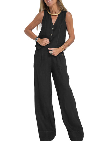 Perbai Womens V Neck Sleeveless Crop Vest Wide Leg Pants Sets 2 Piece Blazer Suits Summer Matching Sets, Black, Large