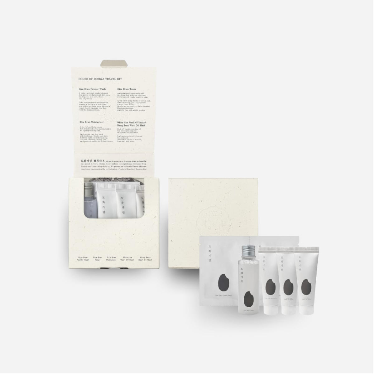 House of Dohwa Travel Kit l Essential TSA Friendly Skincare Sample Set l Exfoliating Cleanser, Hydrating Toner, Moisturising Cream, 2 Wash Off Masks - Product of Korea