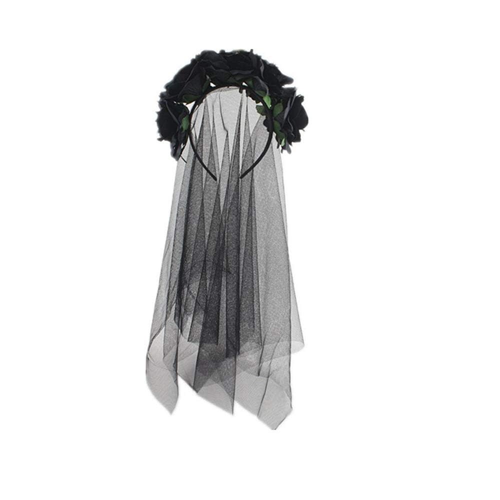 Bismaa Halloween Long Black Veil With Headband Black Flowers Gothic Bride Veil Day of the Dead Party Accessories Fancy Dress Hair Accessory for Adults