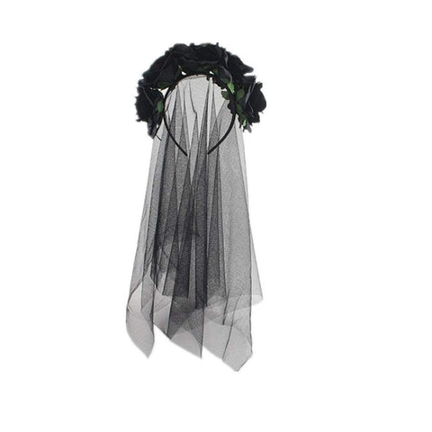 Bismaa Halloween Long Black Veil With Headband Black Flowers Gothic Bride Veil Day of the Dead Party Accessories Fancy Dress Hair Accessory for Adults