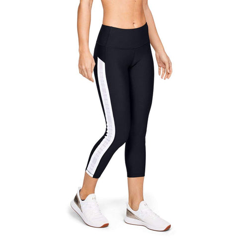 Under Armour UNDKU Women UA HG Armour Ankle Crop Branded Capri - Black/White/Metallic Silver (002), MD
