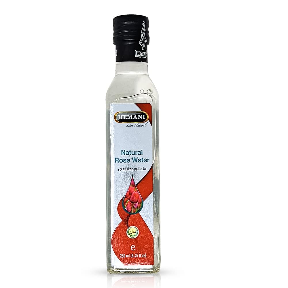 Hemani Rose Water Glass Bottle (8.5 oz) Culinary - Premium Food-Grade Edible Rose Water for Baking, Cooking, Beauty & Wellness - Perfect for Indian/Pakistani/Persian Desserts, Recipes & Skincare.