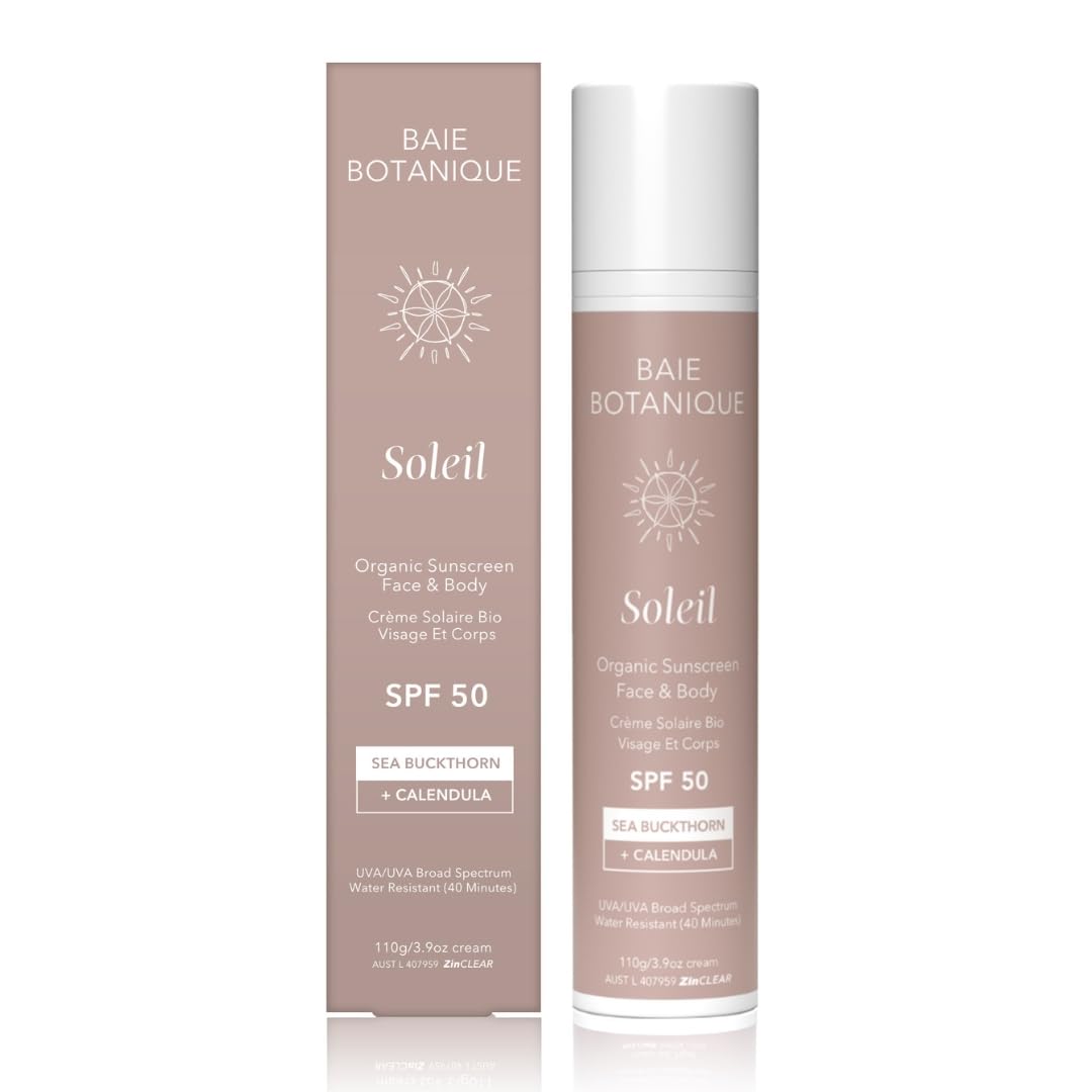 Baie Botanique Soleil - Organic Mineral Non Toxic Sunscreen for Face and Body SPF 50 - Sea Buckthorn & Calendula - Natural - Vegan - No White Cast - Chemical Filter Free - Reef Safe - UVA/UVB - 110g