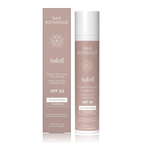 Baie Botanique Soleil - Organic Mineral Non Toxic Sunscreen for Face and Body SPF 50 - Sea Buckthorn & Calendula - Natural - Vegan - No White Cast - Chemical Filter Free - Reef Safe - UVA/UVB - 110g