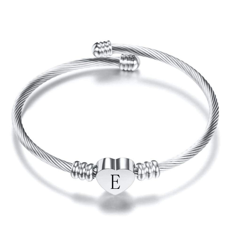 FGT Initial Letter Cuff Bracelet Expandable Heart Bracelet Silver Alphabet Bangle Bracelets Gift for Women Girls Family Daughter Christmas Birthday, 2.7 inch, Stainless Steel