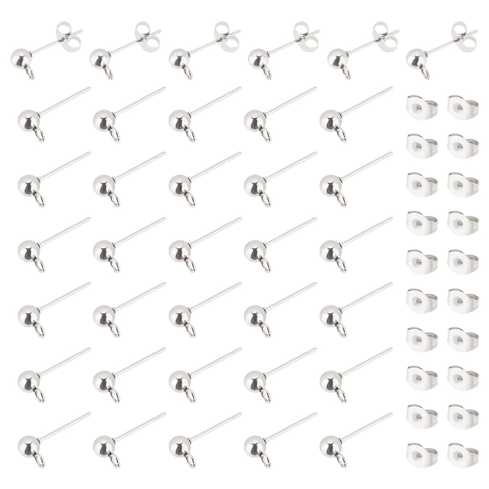 UNICRAFTALE 75 Pairs Ball Post Stud Earring Kit 304 Stainless Steel Ball Post Ear Stud Findings with Loop and Ear Nuts 0.8mm Pin Stud Earrings for DIY Earring Making 7.4x7.2x1.7cm, Hole 2mm