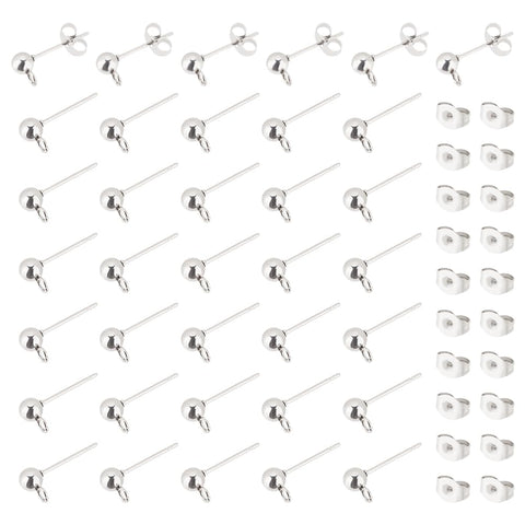 UNICRAFTALE 75 Pairs Ball Post Stud Earring Kit 304 Stainless Steel Ball Post Ear Stud Findings with Loop and Ear Nuts 0.8mm Pin Stud Earrings for DIY Earring Making 7.4x7.2x1.7cm, Hole 2mm